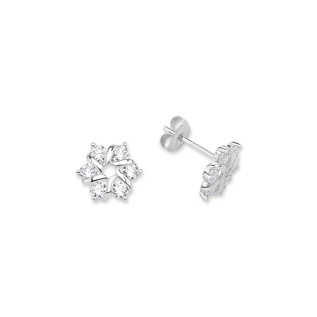 Jewelco London Silver CZ 6 Stone Snowflake Cluster Stud Earrings