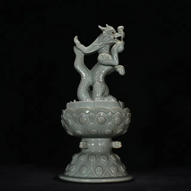 16.1" china old antique song dynasty ru kiln Porcelain dragon Incense burner