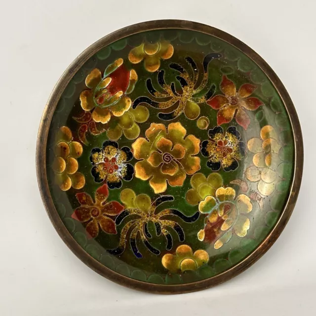 Vintage Chinese Floral Pattern Cloisonne Trinket Dish Plate 3.75" Brass & Enamel