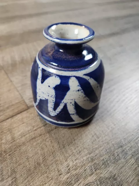 Handthrown Studio Pottery Vase Blue White Unique Glaze Signed Small 3.5"  Tall