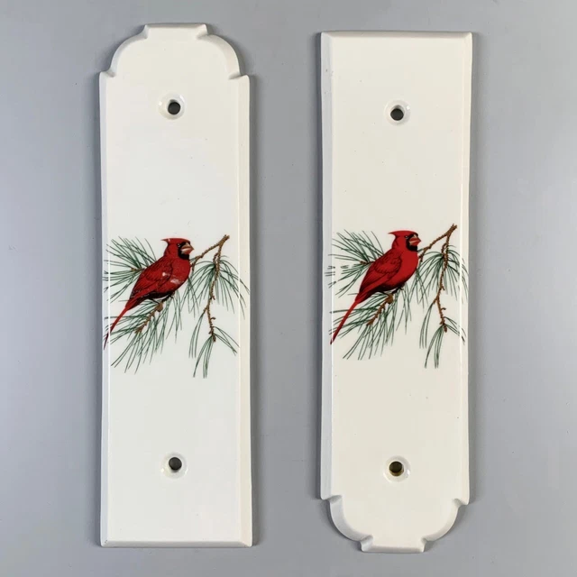 Pair of Vintage French Porcelain Door Push Finger Plates Birds, Cardinal, Signed