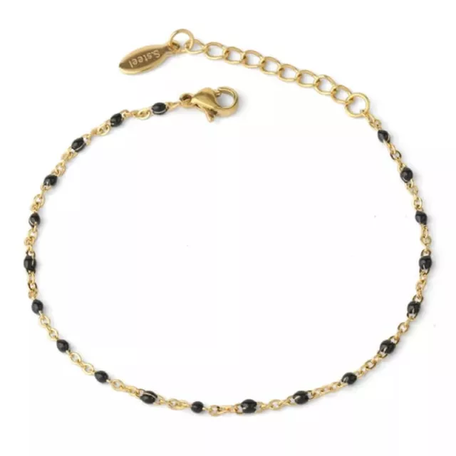 Bracelet chaine perles noires acier inoxydable or fin pour femme