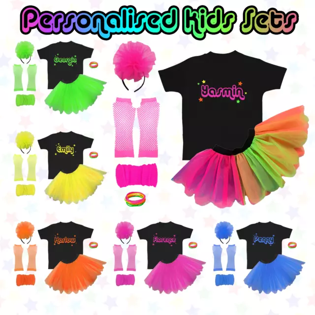 80's Kids Fancy Dress Personalised Custom Neon Costume Glow Party Birthday Name