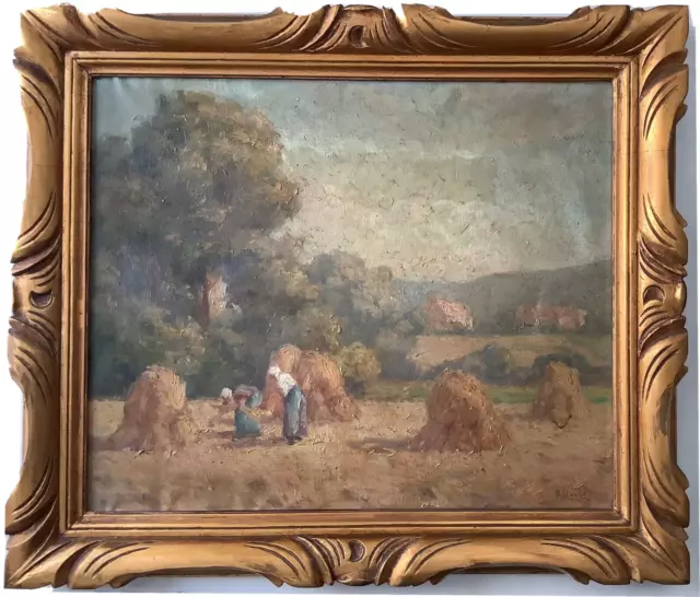 French PostImpressionism Landscape Haystacks Haymaking Oil vintage painting