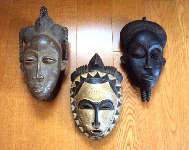 3PCS VINTAGE ROYAL BAULE YOHURE Yaure PASSPORT MASKS Polychrome African Carving!