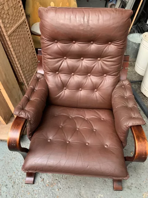 Vintage retro mid century Danish lounge wood brown leather chair armchair MCM