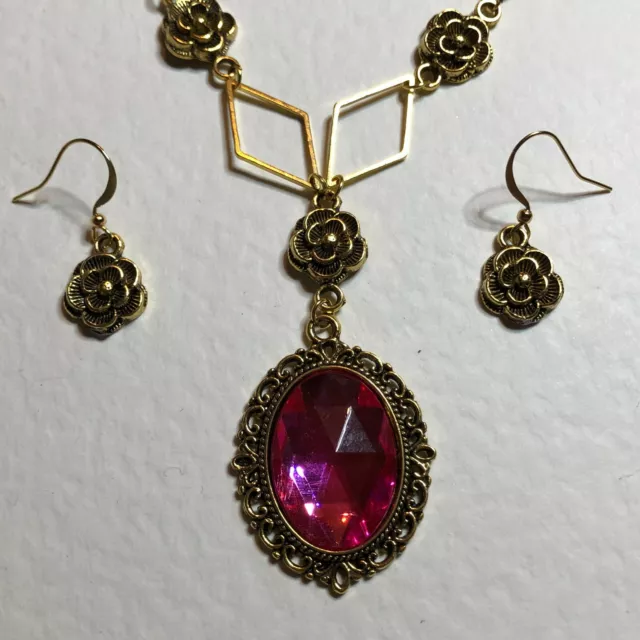 Victorian Style -Diamond Rose- Hot Pink Ac Crystal Gold Plate Necklace Set Dr Sm