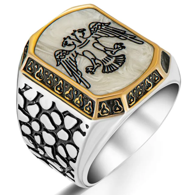 Solid 925 Sterling Silver Double Headed Eagle on Mother of Pearl Stone Men Ring