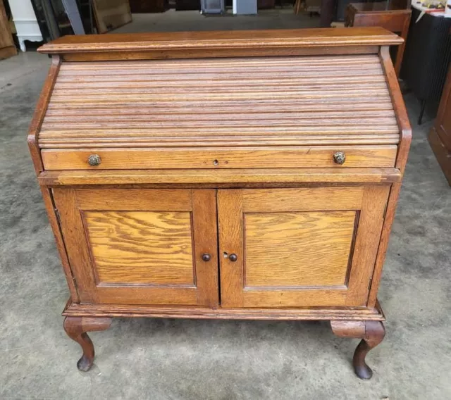 Antique Edwardian oak small tambour roll top writing desk cupboard cabriole legs