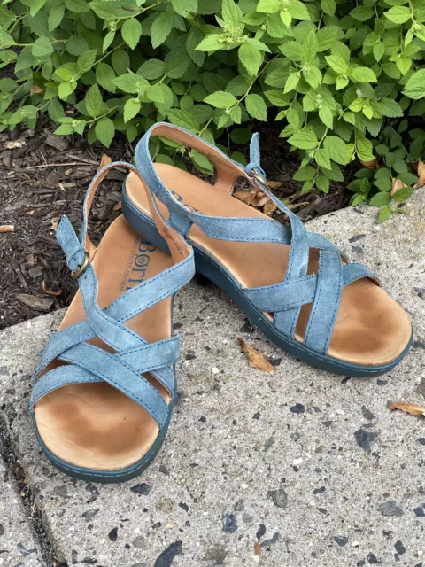 Born Suede Leather Women's Sandals Size 8 Denim Blue Strappy Boho Buckle Strap