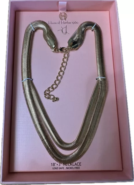 House of Harlow 1960 Herringbone Gold Tone Double Chain Necklace 18-21 Inch New!