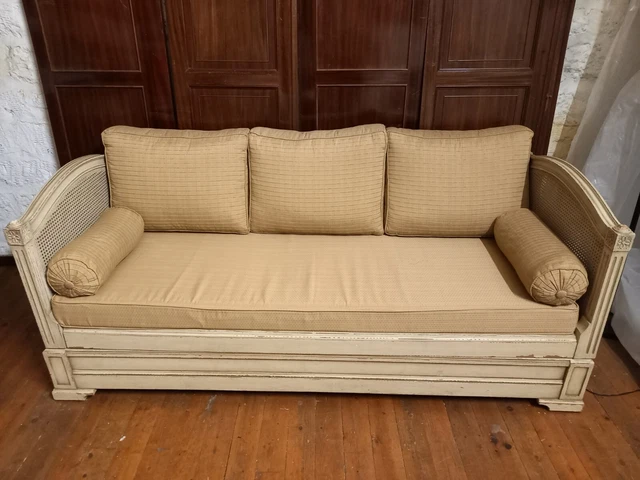 Banquette Convertible Style Louis XVI – 3 Places, Blanc Patiné, Bois, 100x80x60 Cm