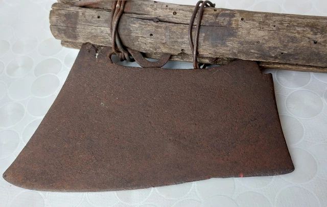 18th C Early antique primitive axe hatchet thin tool, hand forged, marking, old