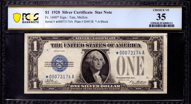 1928 $1 Silver Certificate Star Note Funny Back Fr.1600* Pcgs B Choice Vf 35