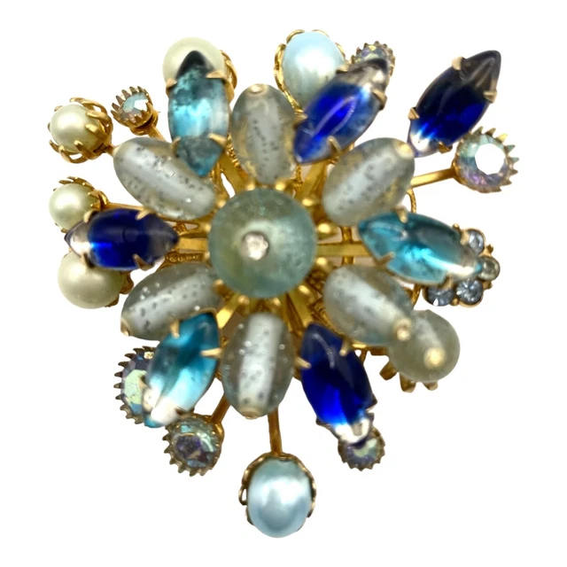 Vintage ATOMIC Blue Flower Brooch - Confetti AB Cobalt Marquis Pearl 2 1/2"