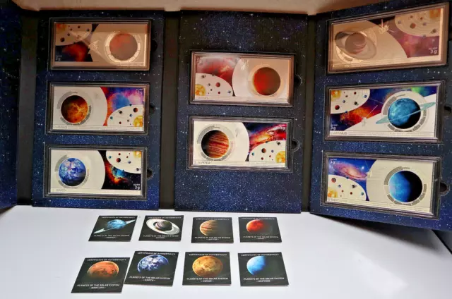 SILBERNOTEN-SET: PLANETS OF THE SOLAR SYSTEM, 999 SILBER, farbig, PP COAs FOLDER