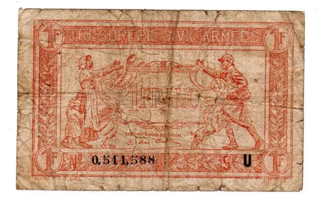 France Tresorerie Aux Armees Billet 1 Franc 1919 Lettre U Bon Etat