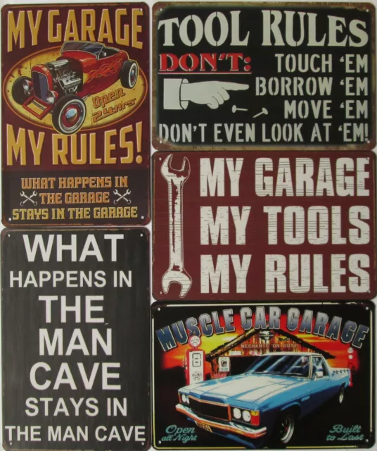 Tin Sign Garage Man Cave Tools Rules Car Mechanic Shed Mens Rustic Signs Novelty