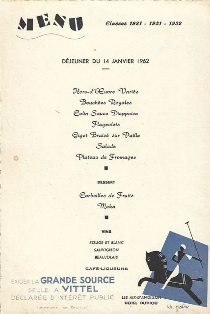 Menu Vittel 1962  Hotel Duthou Les Aix ' d' Angillon