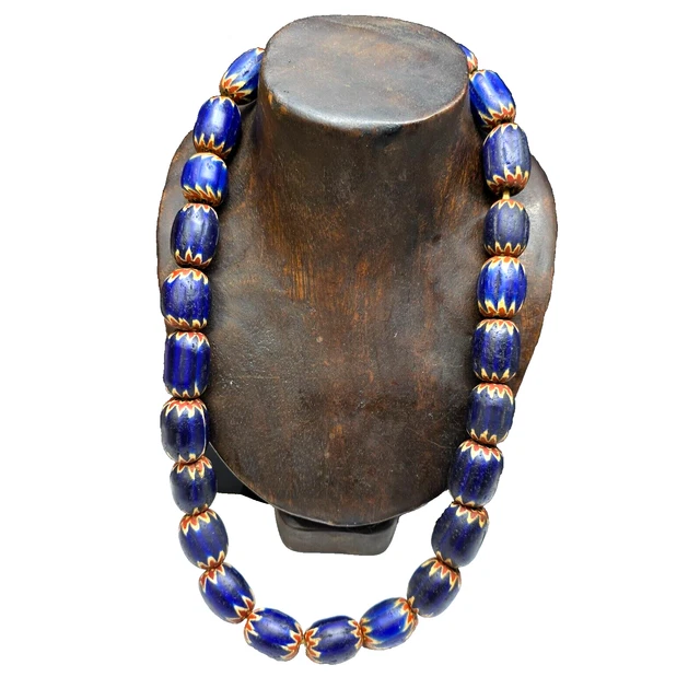 Collier Vintage Perles De Verre Chevron Bleu - Style Vénitien, Longueur 20 Pouces (~50 Cm)