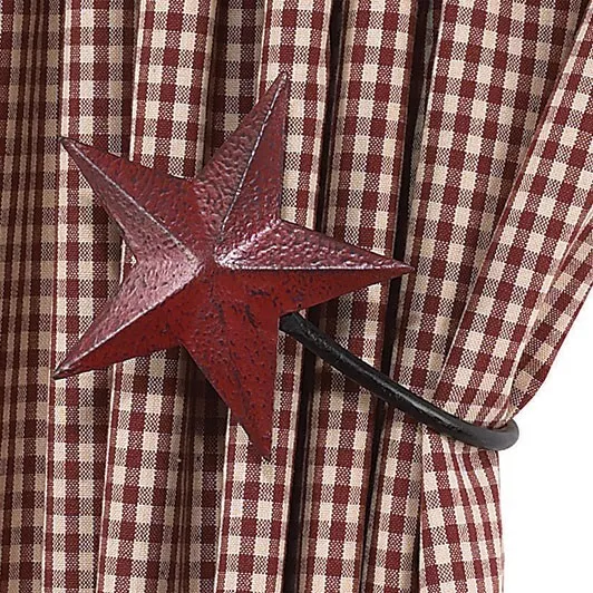 New Primitive Country Farmhouse Cranberry RED STAR CURTAIN TIEBACK 2 Tie Backs