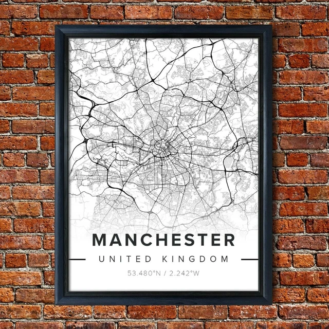 MAP OF MANCHESTER Poster Black and White Map Novelty Gift Framed Art