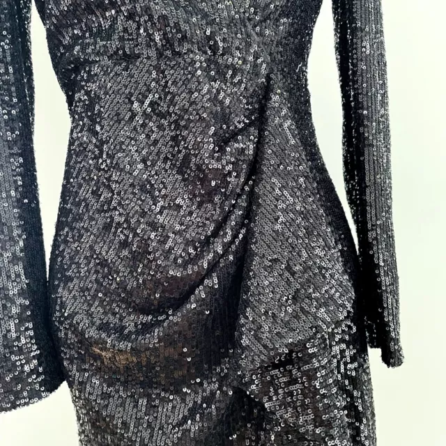 BELLE BADGLEY MISCHKA Lizabeth Black Sequin Faux Wrap Dress Size 0 Long ...