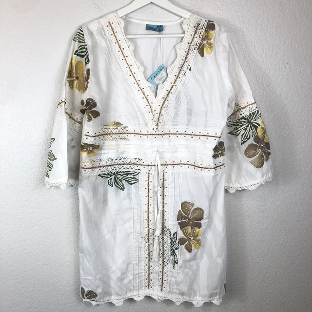 Letarte Handmade Hawaiian Beach Cover Dress Sz M Pintuck Lace Beads Sequins NWT