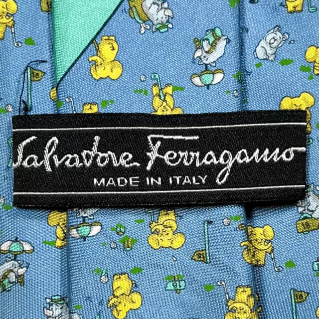 SALVATORE FERRAGAMO Blue Designer Whimsical Elephant Motif 100% Silk Tie 3