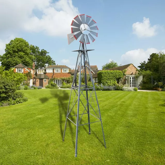Enhance Your Yard with a Weatherproof 8FT Garden Windmill in Gray & Red