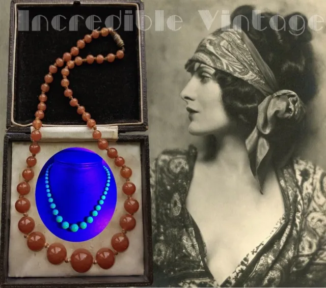 Art Deco Bohemian Czech Carnelian Amber URANIUM GLASS Beads Necklace Vintage