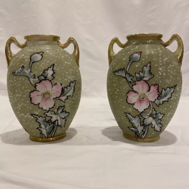 Antique Vase Hand Painted Double Handle Nippon Morimura Old Mark 7.5 Floral Gold