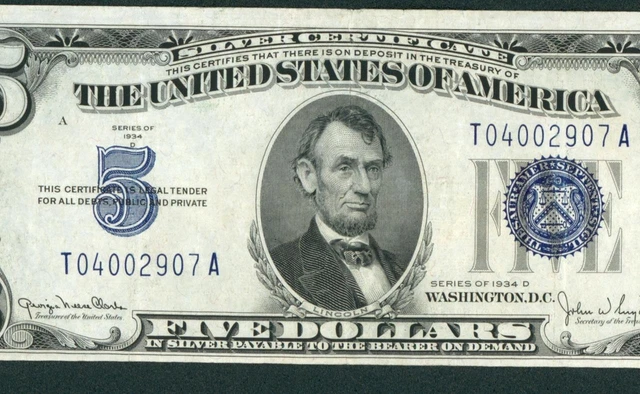 $5 1934 D Silver Certificate ** DAILY CURRENCY AUCTIONS ** COMBINED SHIPPING