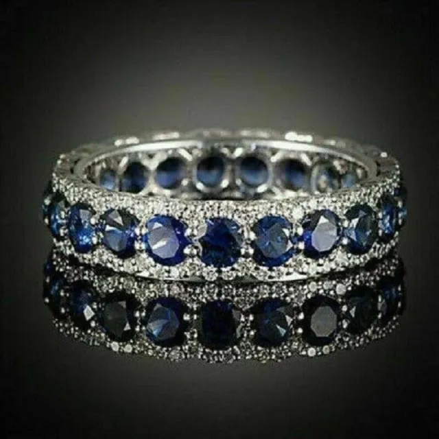 Round Blue Sapphire Eternity Wedding Band Ring 14k White Gold plated lab created