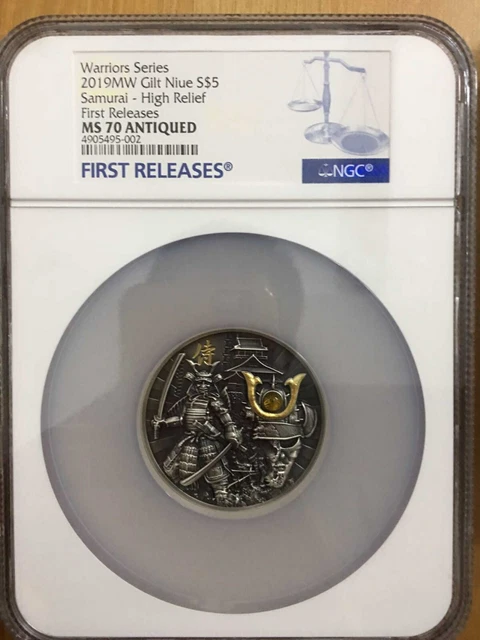 NGC MS70 Niue 2019 Warriors Japan Samurai High Relief Antiqued Silver Coin 2oz