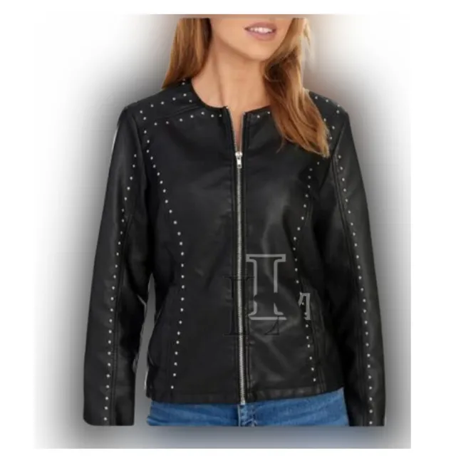 Handmade Women Black Collarless Style Studded Genuine Lambskin Leather Jacket