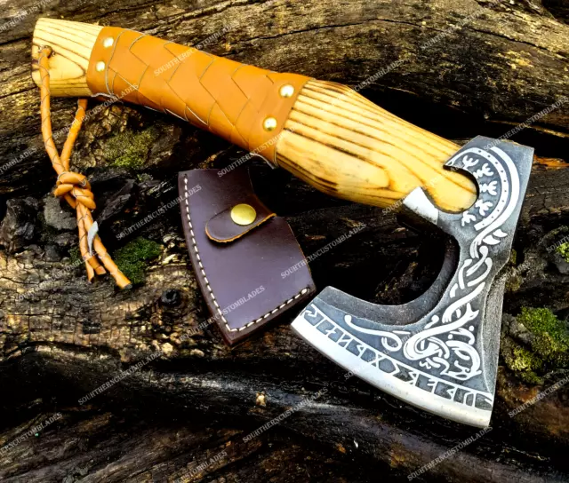 Runes Viking Axe,Custom Axe Hand-Forged Carbon Steel Throwing Axe,  Battle Axe