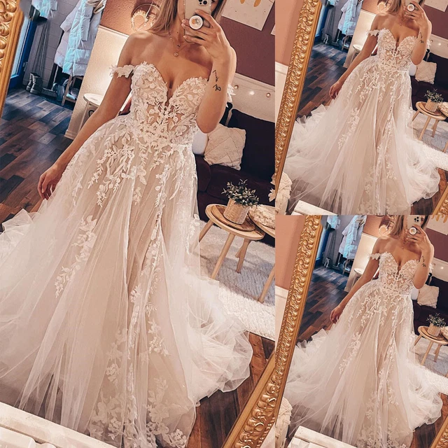 Vinatge Bohemian Off the Shoulder Wedding Dresses Lace Appliques Bridal Gowns