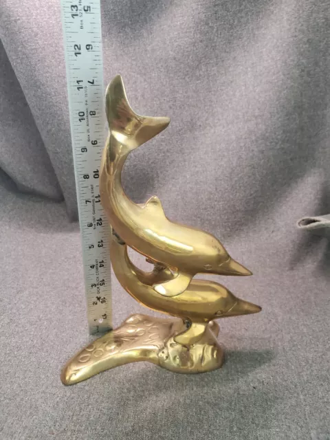 Brass Dolphin Statue Mid Century Swimming Dolphins Pair Figurine Sculpture 3