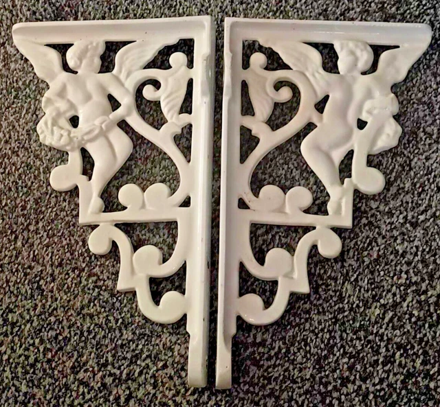VINTAGE Heavy Antique Victorian Cast Iron Cherub Shelf Cistern Brackets - PAIR