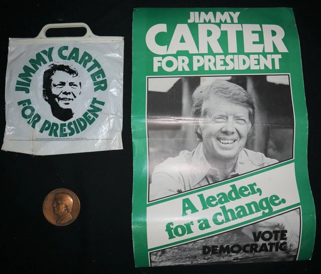 3x President Jimmy Carter Lot~Poster/Plastic Bag, Bronze Inaugural Coin