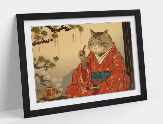 Cat In Kimono Smoking A Pipe Ukiyo-E Style 2 -Framed Wall Art Poster Paper Print