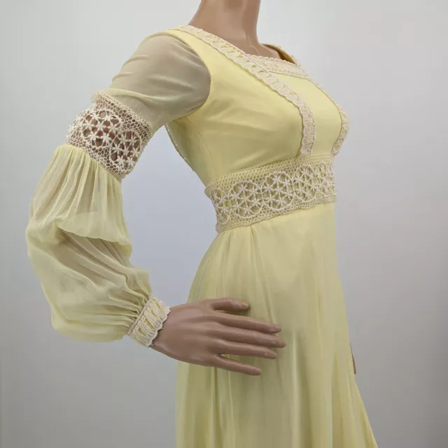 Vintage 1970s Prarie Dress Maxi Formal Yellow Floral Lace Crochet Hippie Size XS 3