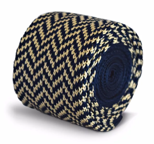 Frederick Thomas Knitted Silk Mens Tie - Dark Navy Blue and Ivory - Herringbone
