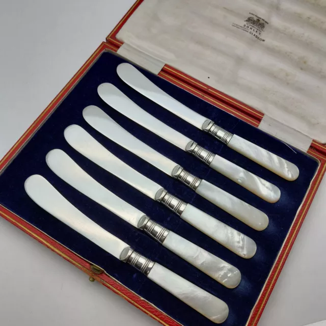 Mother Of Pearl Handle Silver Plated Tea Butter Knives Cased Set Antique