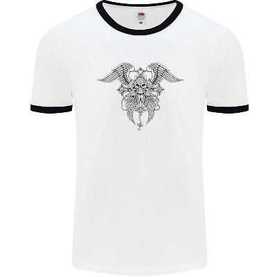 Cross Skull Wings Gothic Biker Heavy Metal Mens White Ringer T-Shirt
