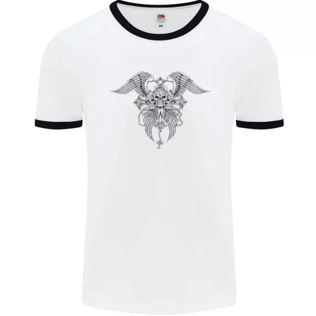 Cross Skull Wings Gothic Biker Schwermetall Herren weiß Ringer T-Shirt