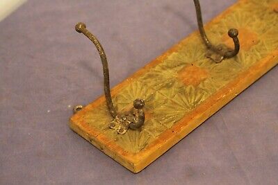 Antique Hand Carved Wooden Primitive Wall Hanger . 3 Iron Hooks . 3