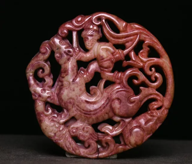 Old Chinese Dynasty Natural Jade Dragon People Ride Beast Yubi Amulet Pendant