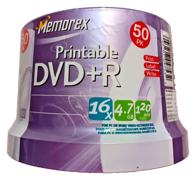 50 PACK MEMOREX Printable DVD+R 16X Blank 4.7GB 120 Min Recordable New ...